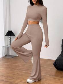 SHEIN EZwear 2 件套女式休闲纯色针织圆领长袖短款修身 T 恤和高腰喇叭裤 - 粉色 - 查看 4
