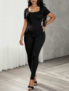 VaVaBold Solid Color Round Neck Short Sleeve Unitards - Black - View 8