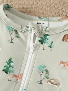 SHEIN 1 件婴幼儿男童长袖连体睡衣，柔软面料，动物印花，可爱风格 - 彩色 - 查看 4