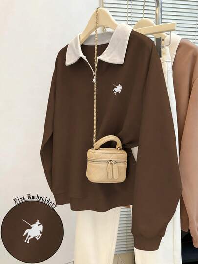 Franclia Equestrian Logo Print Fashionable Turndown Collar Zip-Up Long Sleeve Loose Fit Sweatshirt, Navy Blue, Autumn