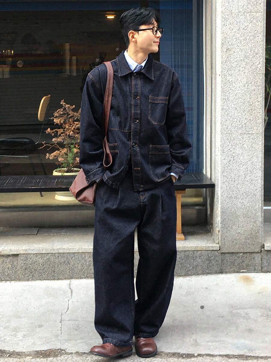 DAZY 男士纯色原色海军蓝牛仔夹克套装，秋季