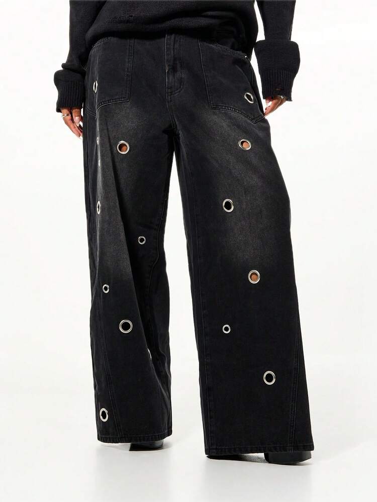 SUMWON WOMEN Wide Leg Denim Jeans With Metal Eyelets