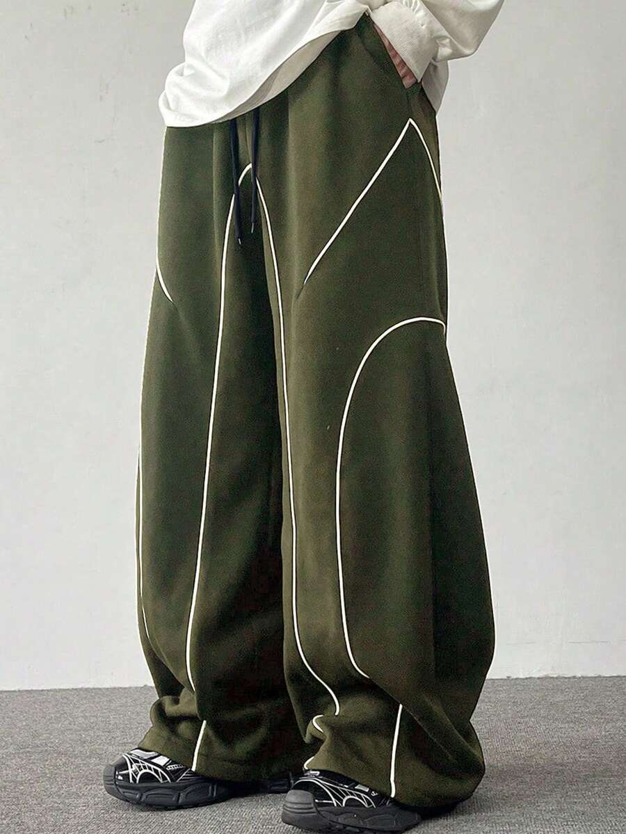 Claim Dot 男士休闲时尚街头日常通勤抽绳腰斜插口袋撞色滚边宽松阔腿运动裤 - 綠色 - 查看 1