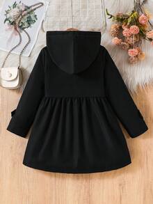 SHEIN 女童卡其色保暖连帽双排扣时尚外套，适合日常休闲穿着 - 黑色 - 查看 2