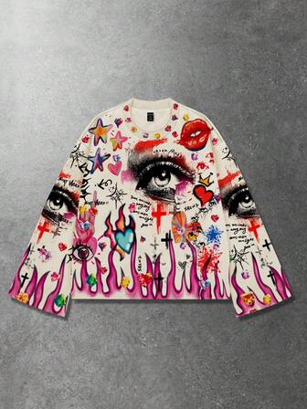 Street Life Unisex lässiges Punk Street Style T-Shirt mit großem Grafikdruck, geeignet für Frühling, Herbst und Winter