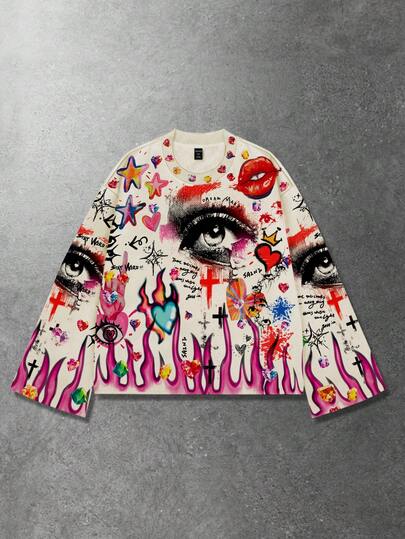 Street Life تي شيرت كاجوال يونيسكس بطباعة جرافيك ثقيلة بأكمام طويلة، مناسب للربيع والخريف والشتاء، بطابع بانك وشارع