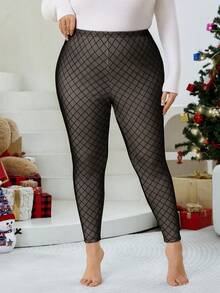 SHEIN CURVE+ Leggings in morbido pile di pecora con tessuto in rete nera, adatti per l'autunno e l'inverno - nero - Visualizzare 7