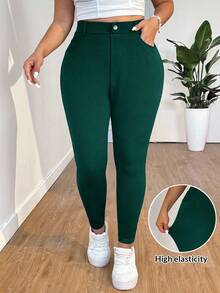 SHEIN EZwear 大码女式高腰口袋修身休闲橄榄绿裤 - 墨綠色 - 查看 1