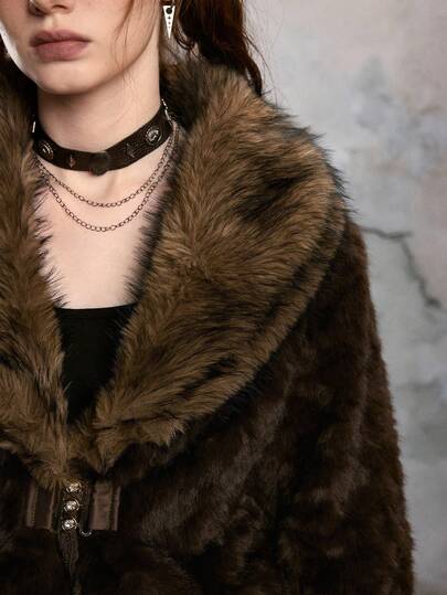 Hippie Women's Kpop Lapel Collar Long Sleeve Waist Buckle Design Faux Fur Fashion Jacket
