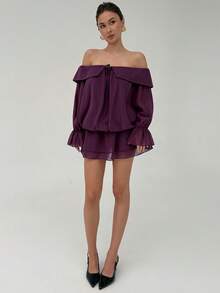 Aloruh Women's Solid Color Front Tie Off Shoulder Long Sleeve Ruffle Hem Fashionable Mini Dress - Purple - View 2