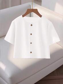Franclia Fashionable High-End Round Neck Short Sleeve Button-Up Blouse For Women - White - View 6