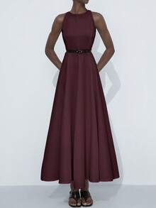 Aveloria Modichic Đầm Maxi Chữ A Cổ Tròn Không Tay Vai Bất Đối Xứng Thắt Eo Xếp Ly Ruffles Thời Trang Dành Cho Nữ - Màu Đỏ Sâu - Xem 5