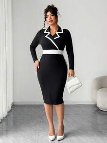 SHEIN PETITE CURVE 大码女式撞色西装领长袖修身连衣裙 - 黑與白 - 查看 6