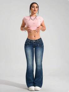 SHEIN PETITE Women's Casual Fashion Street Low Waist Flare Jeans - Medium Wash - View 6