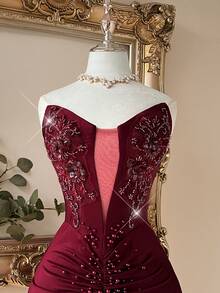 Lovelzi Eleganter, luxuriöser, perlenbesetzter, elastischer Strickbadeanzug mit geraffter, bestickter Applikation, sexy Schlitz, geeignet für Hochzeit, Party, Urlaub, Ball, Cocktailkleid (stark verziert), Valentinstag - Bordeaux - Übersicht 2