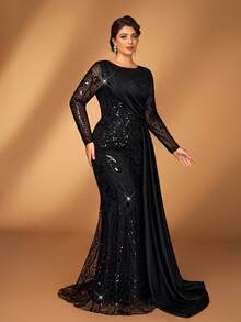 Serin Đầm dạ hội cỡ lớn sang trọng, thanh lịch màu đen, chất liệu satin thêu sequin, cổ tròn, tay dài, dáng đuôi cá bất đối xứng, phù hợp cho tiệc tối, tiệc độc thân, hẹn hò, dạ hội, kỳ nghỉ, đám cưới, mẹ cô dâu, khách mời, ngày Valentine. - màu đen - Xem 5