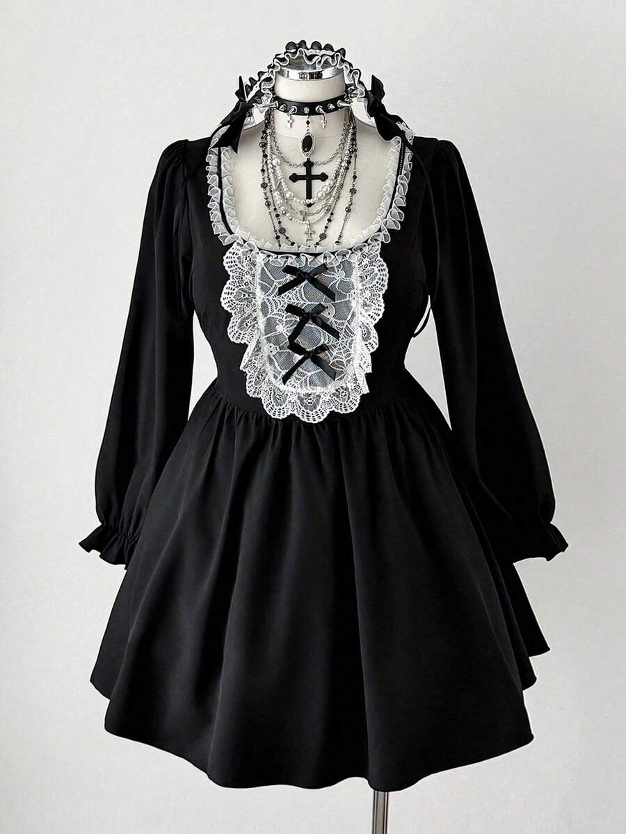 Sunspun 朋克风暗黑圆领可爱蝴蝶结蕾丝透视撞色迷你连衣裙 - 黑色 - 查看 1