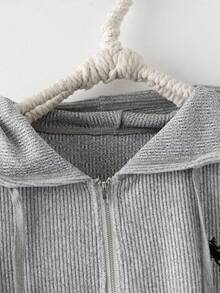 Regalyn Plus Size Women's Hot Selling Solid Color Long Sleeve Ribbed Fleece Hooded Zip-Up Cardigan + Loose Ribbed Fleece Drawstring Waist Pants, Casual Outgoing Elegant Style With Embroidered Chest, 2 Pieces Set