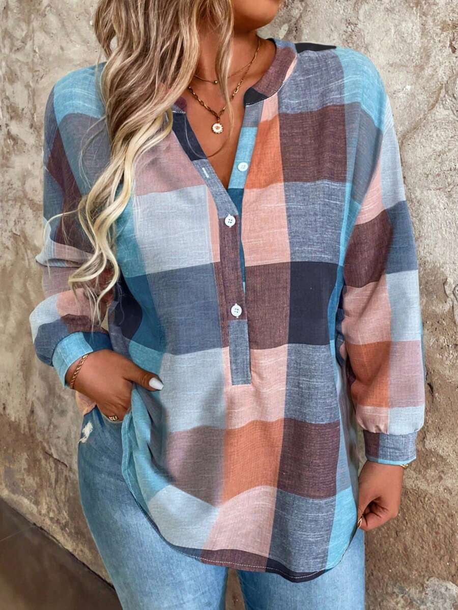 SHEIN Tall CURVE 大码女式格子长袖V领单排扣休闲衬衫 - 橘色 - 查看 1