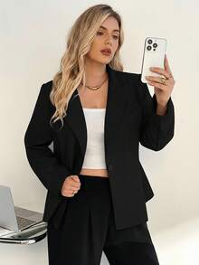 SHEIN Essnce 大尺碼女款黑色夏季休閒商務辦公專業西裝外套，優雅時尚秋季新款通勤灰色冬季西裝外套 - 黑色 - 查看 3
