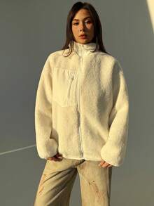 Aloruh Women's Zipper Regular Sherpa Patchwork Pocket Casual Windbreaker Jacket, Autumn/Winter - White - View 7
