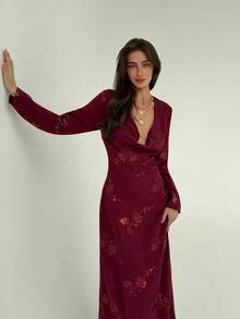 Aloruh 女士酒红色亮片深V领垂褶长款派对连衣裙 - 酒紅色 - 查看 7