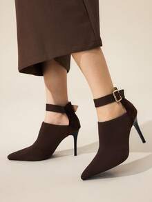CUCCOO BASICS Damen Mode Kaffeefarbe Knöchelriemen Strickstoff Spitzschuh Stiletto Absatz Knöchel Stiefel, sexy für Dates, Partys, festliche Anlässe zu Weihnachten - Kaffeebraun - Übersicht 8