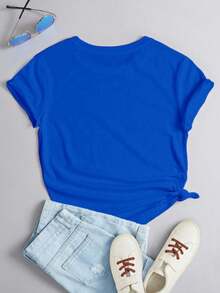 Camiseta playera tshirt estampada mujer cuello redondo manga corta casual cómoda diario gráfico navideño Santa Claus animal print merry christmas copos de nieve Navidad - Azul real - Ver 2
