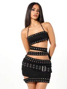 SUMWON WOMEN 仿麂皮镂空迷你连衣裙，配腰带，露背修身，适合派对或夜店穿着。 - 黑色 - 查看 4