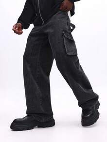 SUMWON Carpenter Baggy Jeans With Utility Pockets Relaxed Fit Wide Leg Denim Casual Streetwear Winter Style Plain - Black - View 5