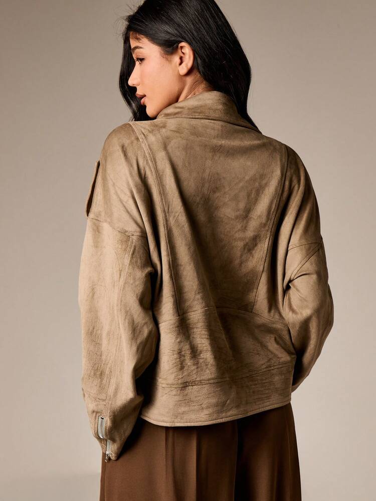 Oversized Faux Suede Moto Jacket With Lapels