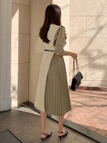 DAZY Váy midi xếp ly, thắt eo, thích hợp làm đồ lót cho áo khoác - Màu be - Xem 3