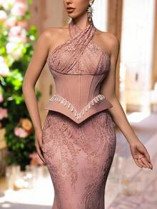 Glamrae Đầm đuôi cá sang trọng, thanh lịch với chất liệu ren và hạt cườm, thiết kế phối ghép, chất liệu co giãn, hở lưng gợi cảm, phù hợp cho đám cưới, tiệc tùng, lễ hội, dạ hội, tiệc tối, ngày Valentine. - Bụi hồng - Xem 5