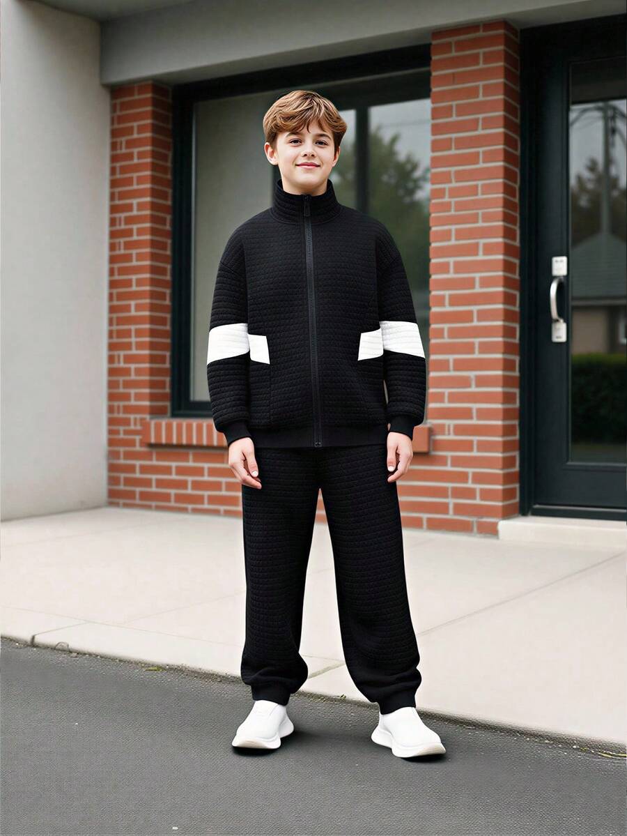 Explorewe 2pcs/Set Tween Boys' Black Casual Patchwork Textured Knit Jacket Coat & Jogger Pants Set, Practical Outfit Combining Relaxed Yet Refined Style, Soft Fabric Provides Comfortable Wear, Suitable For Autumn/Winter - Black - View 1