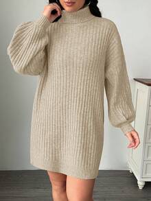 SHEIN EZwear 大码高领宽松粗针织灯笼袖毛衣连衣裙，秋冬款 - 杏色 - 查看 4