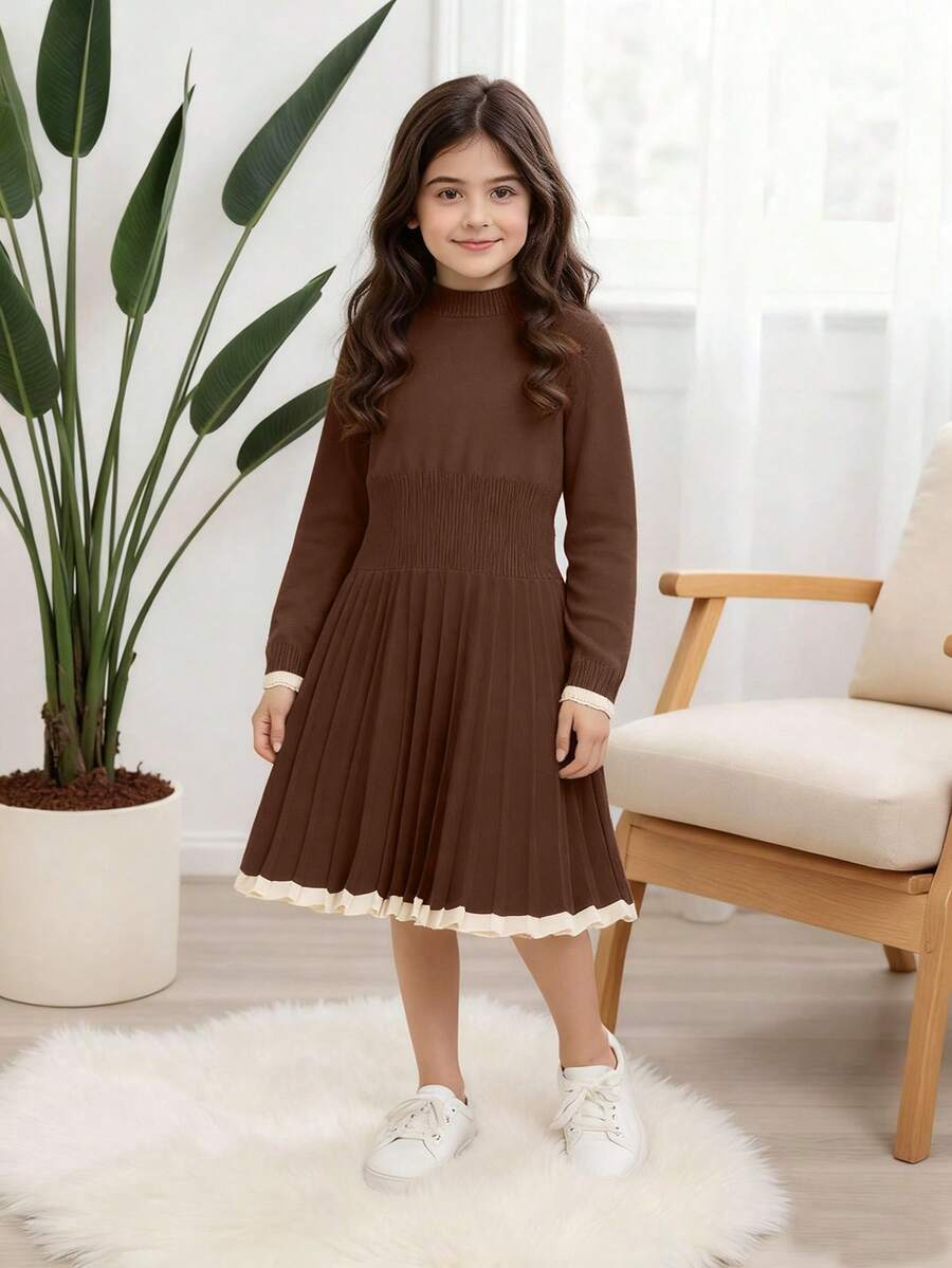 Tween Girl Brown Checkered Autumn Vintage Family Matching Back-To-School Long Sleeve Pleated Knit Dress,Minimalist High-End Modest Contrast Hem Cuffs - Brown - View 1