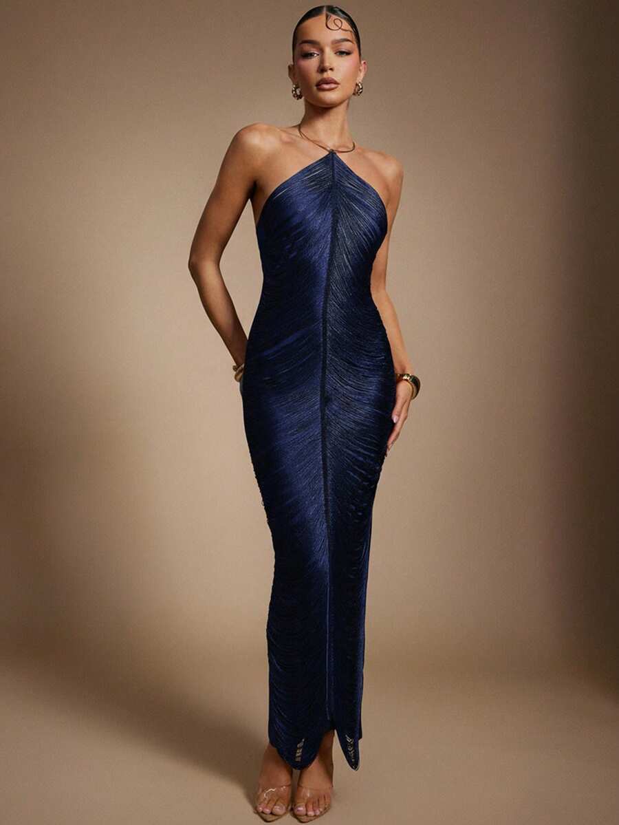 Hauture Women's Hanging Tassels Fringe Sexy Dress For Party With Gold Metal Decor - Blue - View 1