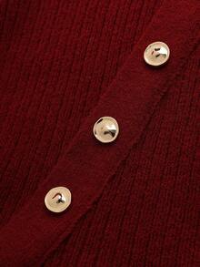 SHEIN LUNE Women's Elegant Solid Color High Neck Ruffle Hem Metal Button Decoration Sweater, Autumn/Winter - Burgundy - View 5