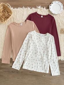 SHEIN 3 Stücke/Set Mädchen elegantes Blümchen-Rippstrick-Unterhemd-Set mit Rundhalsausschnitt und Langarm, Rosa, Nude & Weiß