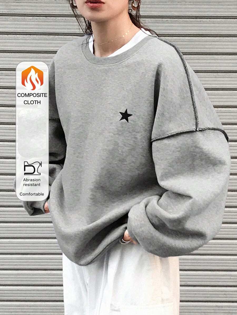 FRIFUL 女式简约休闲圆领长袖撞色图案上衣，秋季服装 - 灰色 - 查看 1