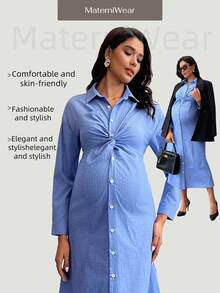 MaterniWear 孕妇休闲前扣扭结连衣裙，秋季 - 藍色 - 查看 1