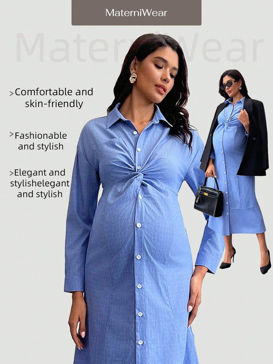 MaterniWear 孕妇休闲前扣扭结连衣裙，秋季 - 藍色 - 查看 1