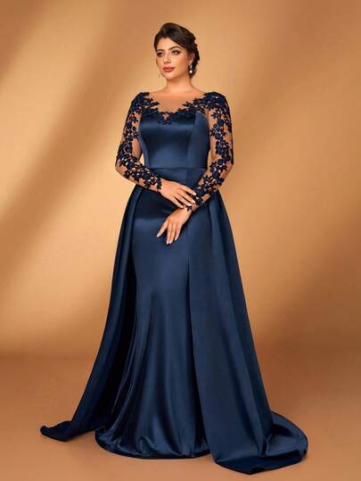 Serin Vestido elegante y lujoso de talla grande con cuello redondo, diseño de aplicaciones, manga larga, ajustado con bajo de sirena, patchwork en color azul marino satinado, adecuado para fiesta de noche, fiesta de solteros, cita, baile, vacaciones, boda, madre de la novia, invitado