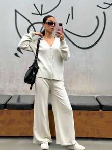 SHEIN Sparklyn 2pcs/Set Casual Teenager Girls Sweater Set, Black Letter Graphic Decor V-Neck Regular Sleeve White Knit Cardigan Top And White Wide Leg Pants Set, Comfortable Fitted Casual Fashion For Spring/Autumn Daily Wear Girls Sweater Sets Knit Clothes Clothes Set Girl Knit Set Sweater Sets - Apricot - View 7