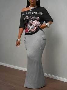 Slaydiva 2025 夏季新款休闲街头白色宽松露肩单肩图案 T 恤 + 侧开衩工装口袋长裙女两件套，音乐节，毕业装，女士早午餐装，日常外出，旅行，派对聚会，返校，休闲，街头-B - 黑色 - 查看 3