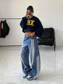 StreetHx Women's High Waist Pocketed Striped Flared Leg Casual Jeans - Medium Wash - View 4