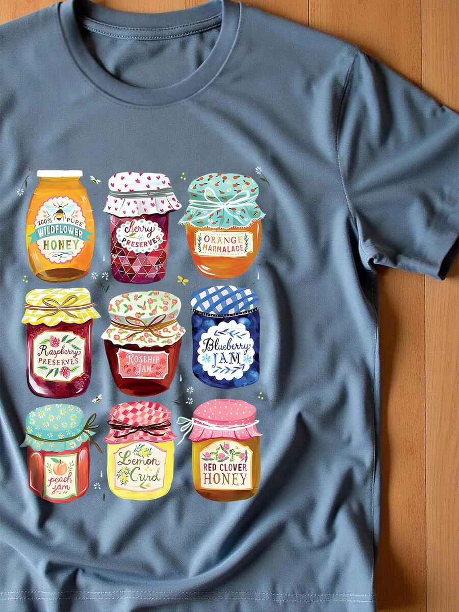 Women's Casual Jam Print Round Neck Short Sleeve T-Shirt - Dusty Blue - View 1