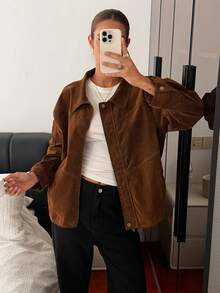 DAZY Thick Flocked Jacket Coat For Women, Loose Casual Hong Kong Style Outerwear, Autumn/Winter - Brown - View 3