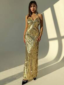 Aloruh Abito da donna con spalline a spaghetti decorato con paillettes - Dorato - Visualizzare 3