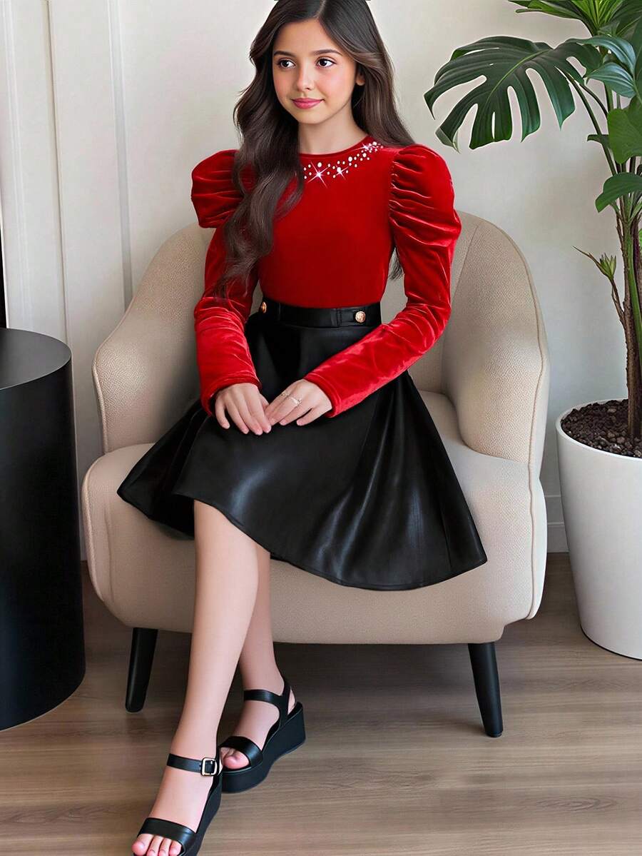 SHEIN 2pcs/Set Teen Girl's Elegant Christmas Outfit: Beaded Puff Sleeve T-Shirt & Black PU Button Decor Flared A-Line Skirt,Autumn,Casual,Party - Red - View 1